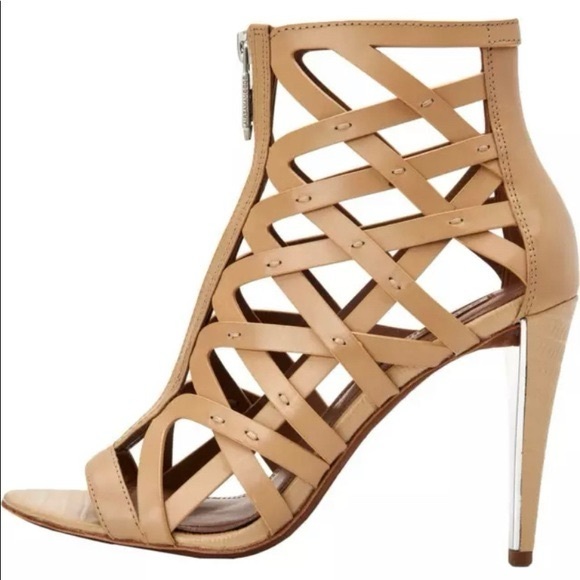 BCBGMaxAzria Eleni Leather Tan Strappy Heel Gladiator High Heel Shoes w Zipper